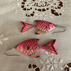 Handcrafted Wooden Fish Earrings Pink Lightweight Dangle Earrings Gift idea